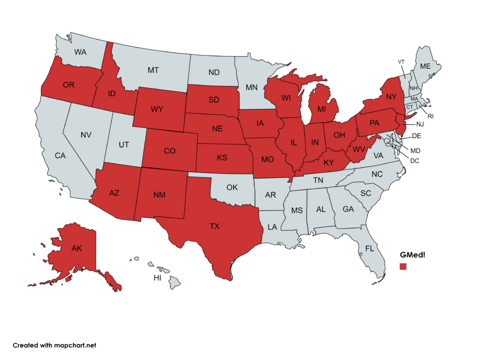 Map that shows the current states, marked in red, I've GMed